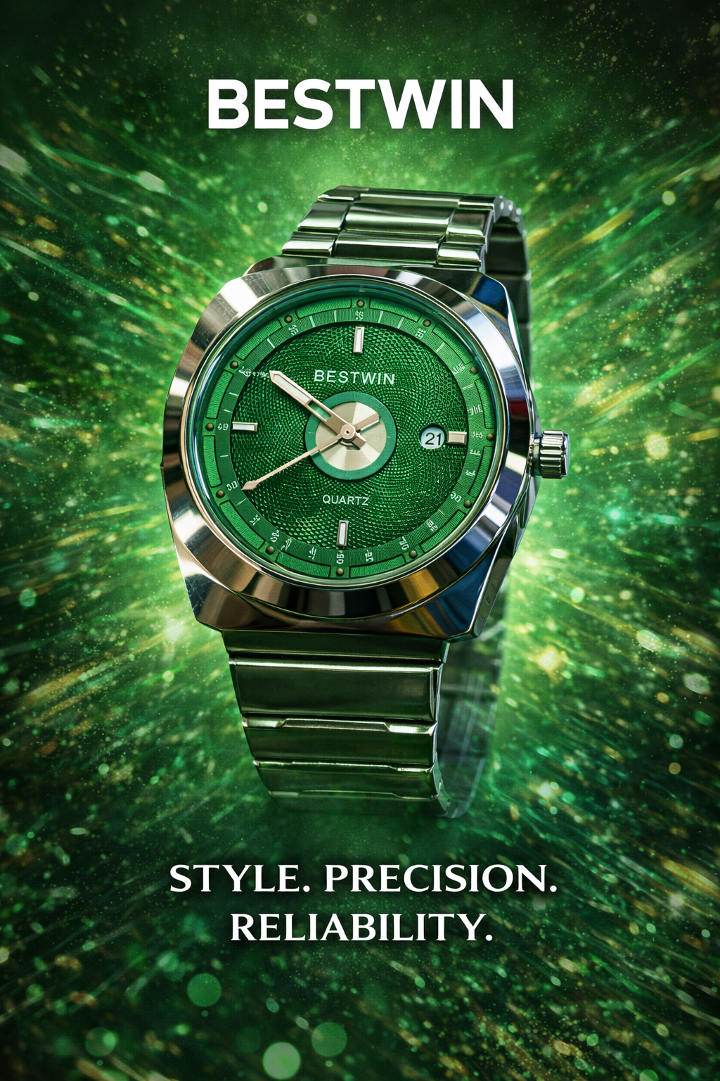 Bestwin Quartz Men’s Watch – Green Dial | Stainless Steel Strap