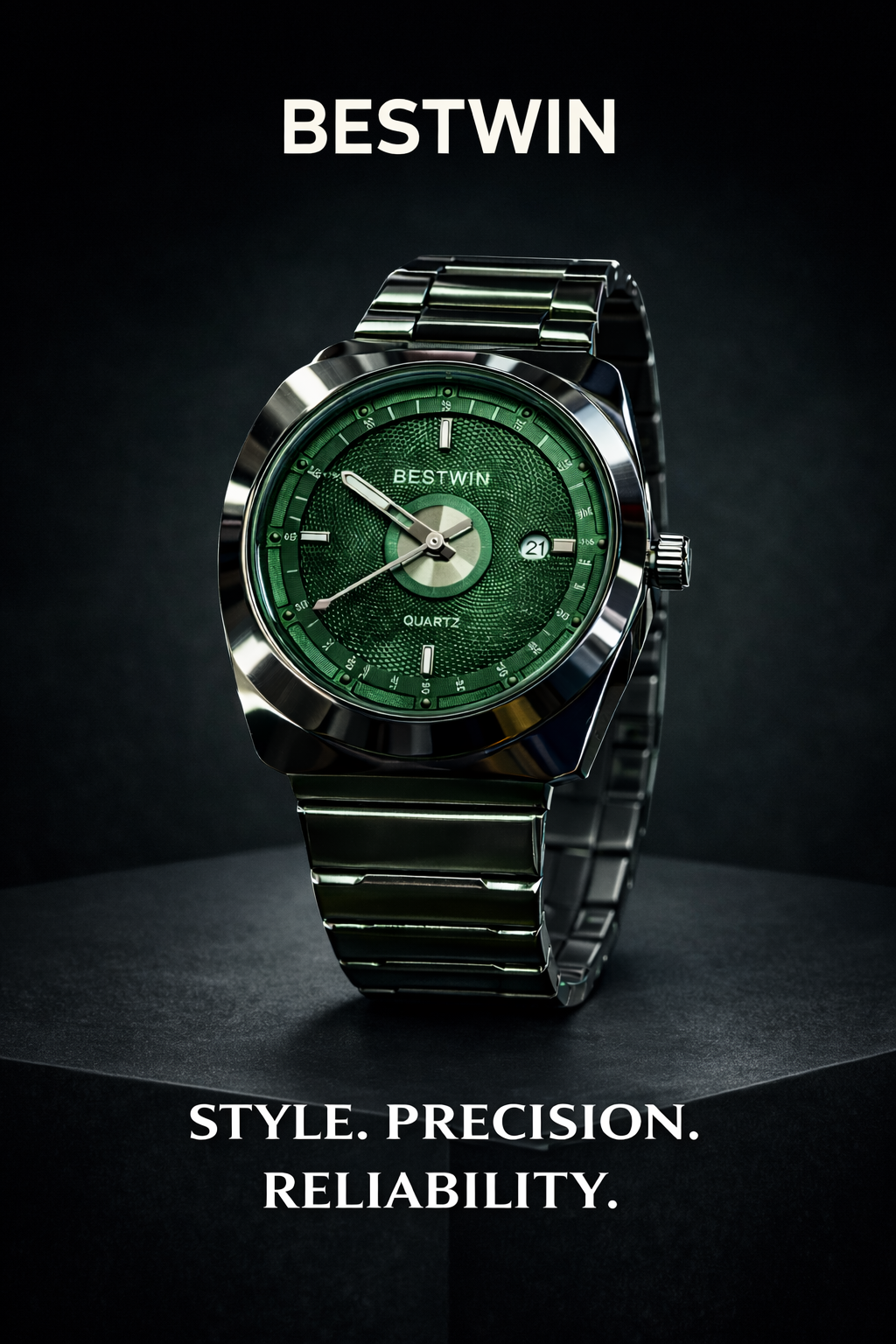 Bestwin Quartz Men’s Watch – Green Dial | Stainless Steel Strap